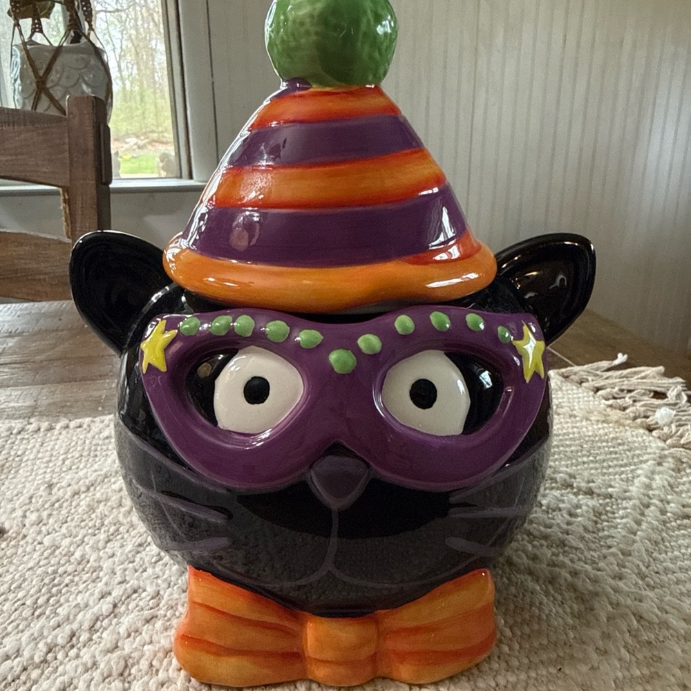 Black Cat Clown Ceramic Cookie Jar with Purple Mask & Orange Hat
